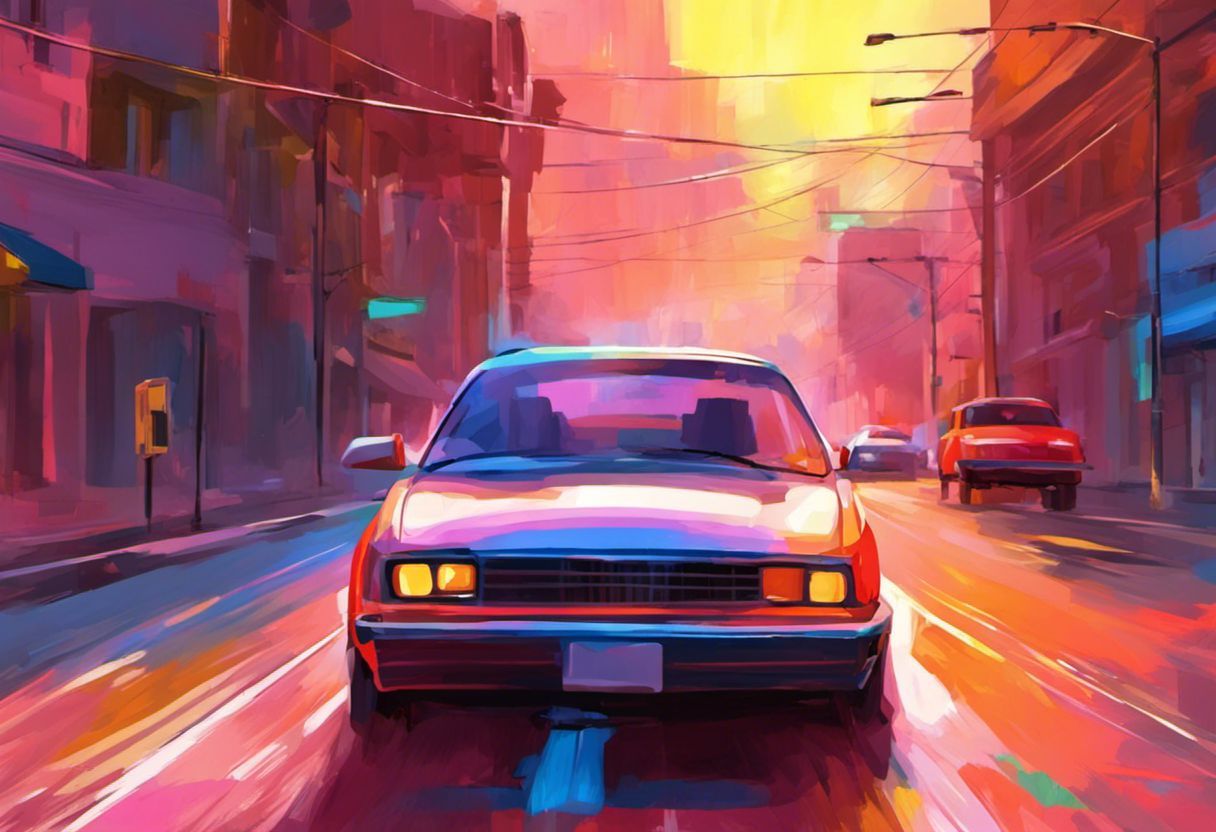 Phare de voiture en peinture numérique colorée sur la route